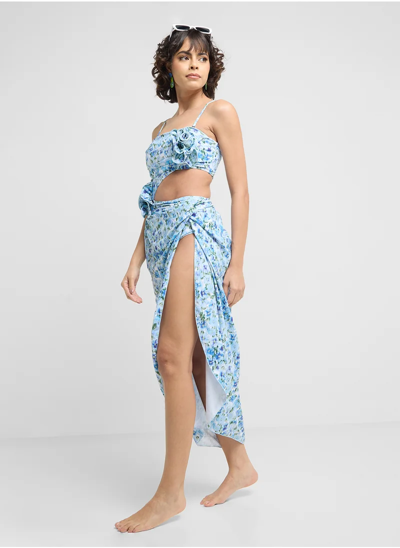 Ginger 2PC Strappy Floral Cutout Swimsuit & Wrap Skirt Set