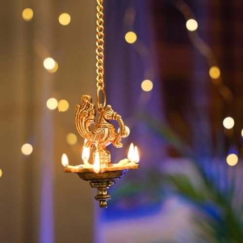 Bhimonee Decor | Handcrafted Brass Peacock Hanging Diya | 5-Wick Traditional Oil Lamp | Antique Finish | Ethnic Pooja & Temple Decor | Festival & Home Hanging Deepak | Pack of 1 - Image 1