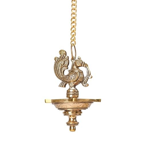 Bhimonee Decor | Handcrafted Brass Peacock Hanging Diya | 5-Wick Traditional Oil Lamp | Antique Finish | Ethnic Pooja & Temple Decor | Festival & Home Hanging Deepak | Pack of 1 - Image 5