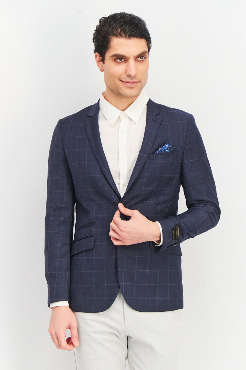 SELECTED Men Regular Fit Long Sleeve Windowpane Blazer, Navy - Image 1