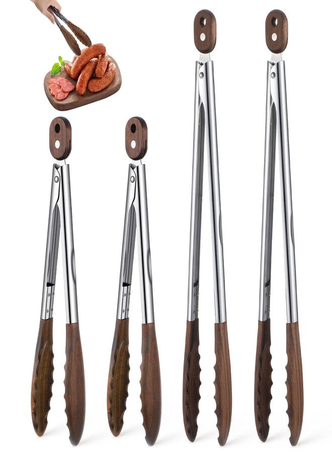 Kifmurase 4Pcs Wooden Tongs for Cooking, Stainless Steel Salad Tong with Walnut Wood Tip, 9 Inch 12 Inch Walnut Wooden Kitchen Tongs, Anti-Slip Long Handle Wood Kitchen Utensils for Salad Tossing - Image 1