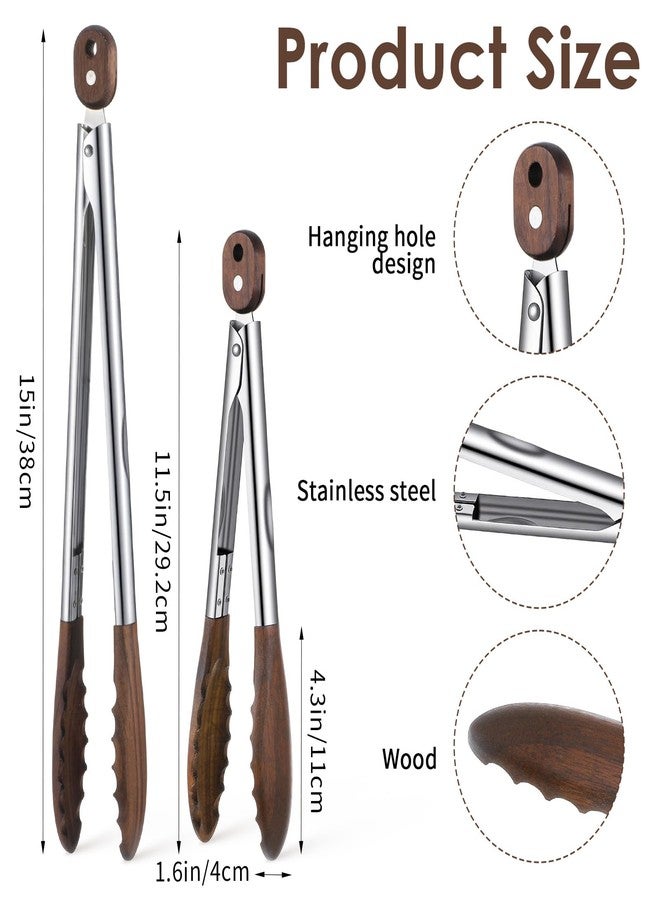 Kifmurase 4Pcs Wooden Tongs for Cooking, Stainless Steel Salad Tong with Walnut Wood Tip, 9 Inch 12 Inch Walnut Wooden Kitchen Tongs, Anti-Slip Long Handle Wood Kitchen Utensils for Salad Tossing - Image 2