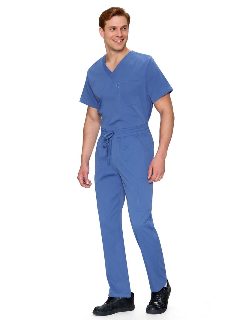 COZYFIT Scrubs for Men Set - V-Neck Scrub Top and Straight Leg Pants with 11 Pockets, Elastic Drawstring Men Scrubs set, Ceil Blue, M - Image 3