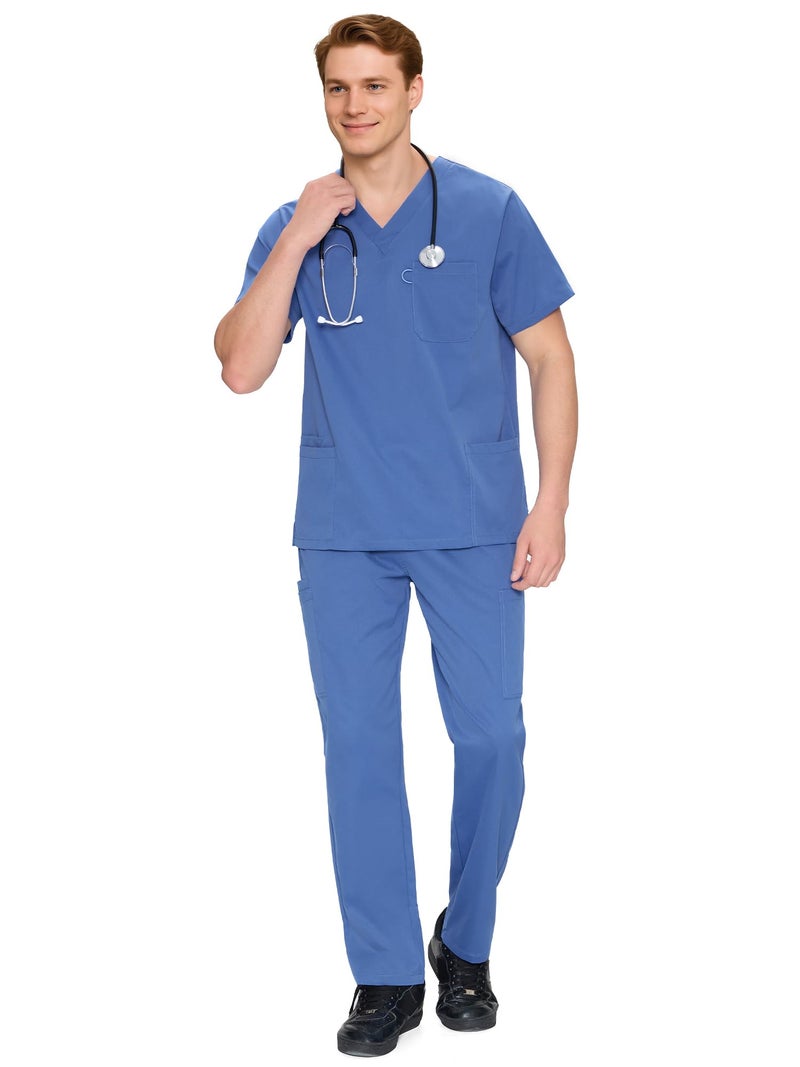 COZYFIT Scrubs for Men Set - V-Neck Scrub Top and Straight Leg Pants with 11 Pockets, Elastic Drawstring Men Scrubs set, Ceil Blue, M - Image 1