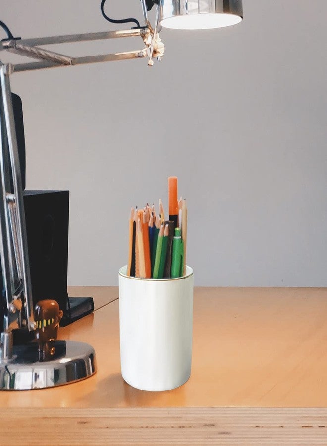 HANKOR Ceramic Pencil Holder for Desk - Cute Gold Trim Pen Aesthetic Makeup Brush Cup Holder Organizer for Desktop Storage Stationery Office Home Supplies, White - Image 4