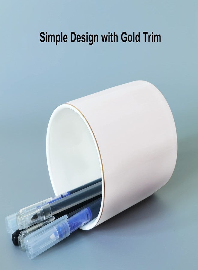 HANKOR Ceramic Pencil Holder for Desk - Cute Gold Trim Pen Aesthetic Makeup Brush Cup Holder Organizer for Desktop Storage Stationery Office Home Supplies, White - Image 2