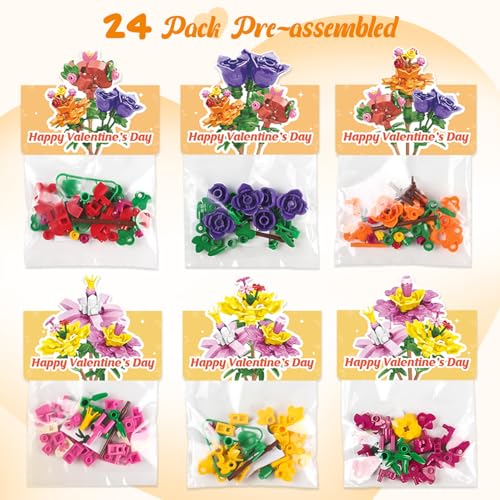 Deerher Valentines Day Gifts for Kids 24 Pack Prepacked Valentines Day Cards with Flower Building Blocks Crafts for School Classroom Class Party Favor Valentines Craft Exchange for Boys Girls Teens - Image 5