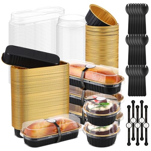Suclain 600 Pcs Black and Gold Mini Loaf Pans with Lids and Spoons Sealing Stickers 68oz Disposable Aluminum Foil Muffin Baking Pans 5oz Cupcake Cups Cake Containers for Holidays Party Picnics - Image 1
