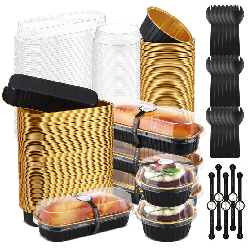 Suclain 600 Pcs Black and Gold Mini Loaf Pans with Lids and Spoons Sealing Stickers 68oz Disposable Aluminum Foil Muffin Baking Pans 5oz Cupcake Cups Cake Containers for Holidays Party Picnics - Image 2