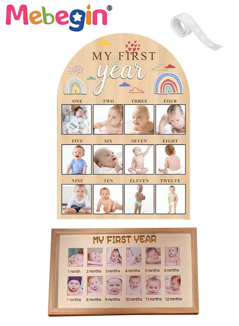 MEBEGIN Baby Keepsake Frame with Non-trace Adhesive Patch, My First Year Milestone Photo Frame, Wood Acrylic 1st Birthday Decor, Creative Baby Age Stages Photo Board, 12 Monthly Baby Photo Display, Personalized Newborn Photo Frame - Image 1