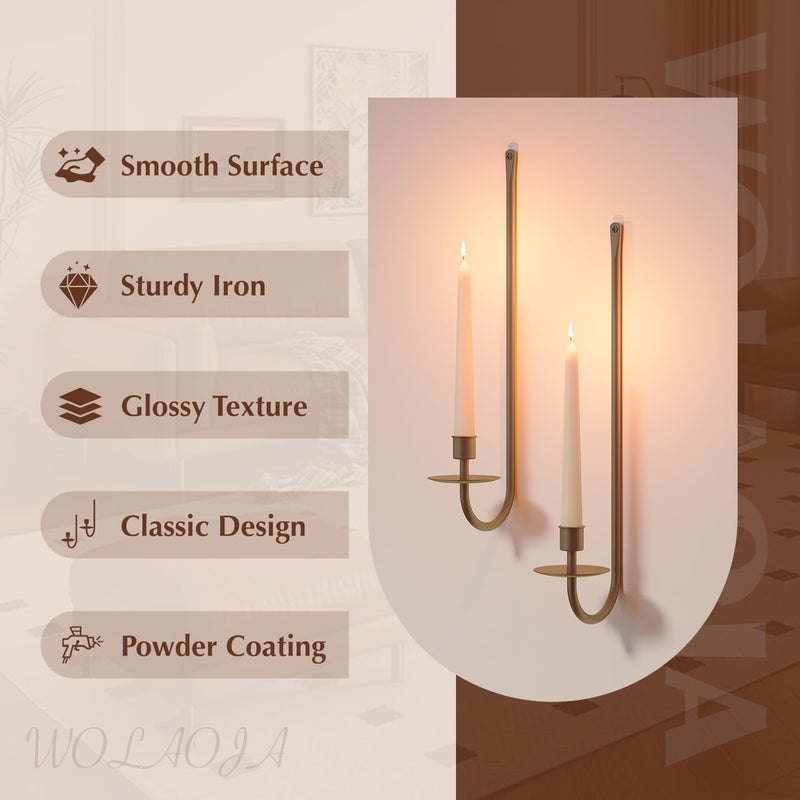 WOLAOJA Metal Wall Candle Sconce Holder Set of 2 Wall Mount Candle Holder Pillar Holder Brass Modern Wall Candle Sconces Hanging for Living Room Farmhouse Fireplace Wedding - Image 3