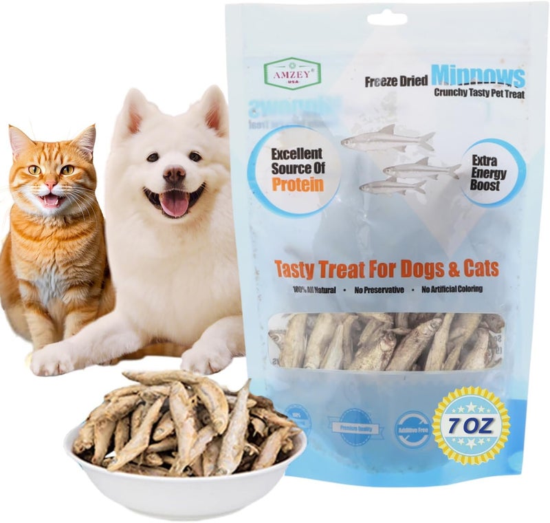Amzey 7oz Minnows Dog Treats - Freeze Dried Minnows Cat Treats - High Protein & Premium Quality Training Treats - Bulk Package (1.6" to 2.8" Length Each) - Image 1