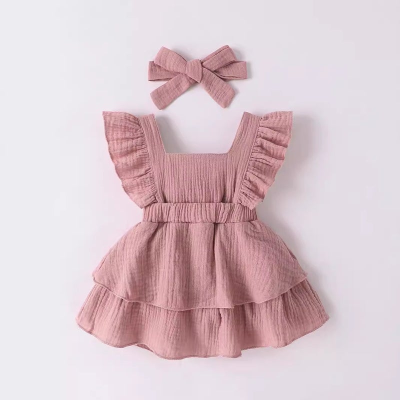 INS summer new holiday style cotton fashion dress suit baby girl headdress dress two-piece fashion Lotus root pink 