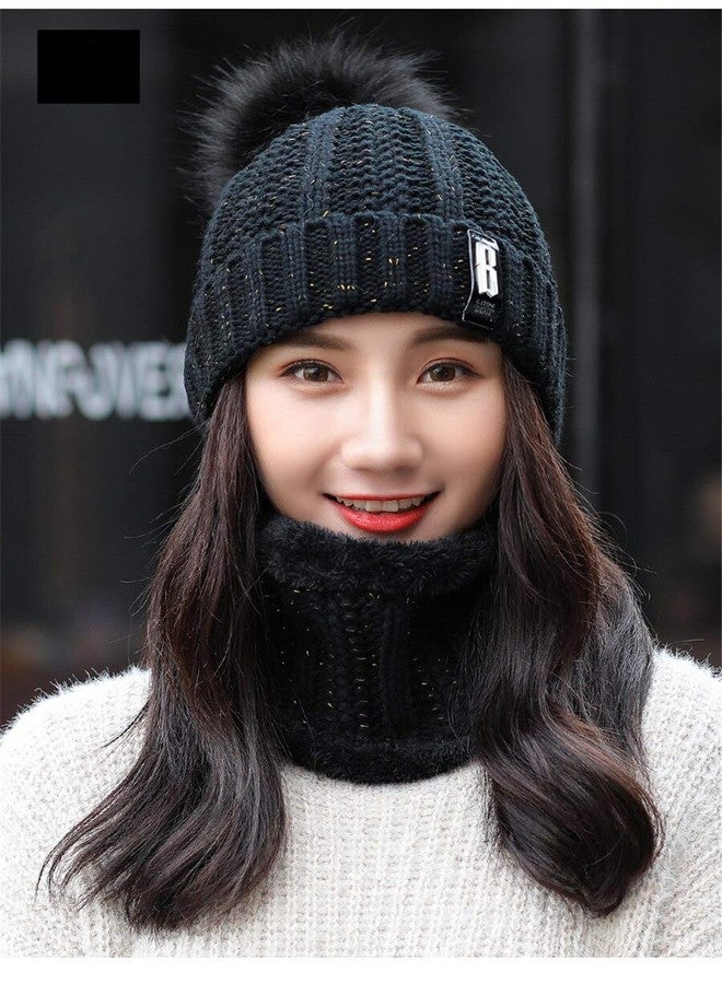 Malvina طقم مالفينا للبنات مكون من 3 قطع: وشاح محبوك، قبعة صغيرة، وقفازات مزينة بفيونكة، مبطن بالفرو، قبعة صوفية مزينة بكرات صوفية، أوشحة، طقم هدايا شتوي دافئ وناعم (أسود، مقاس واحد يناسب الجميع). - Image 5