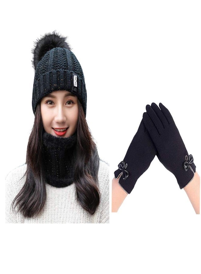 Malvina طقم مالفينا للبنات مكون من 3 قطع: وشاح محبوك، قبعة صغيرة، وقفازات مزينة بفيونكة، مبطن بالفرو، قبعة صوفية مزينة بكرات صوفية، أوشحة، طقم هدايا شتوي دافئ وناعم (أسود، مقاس واحد يناسب الجميع). - Image 1