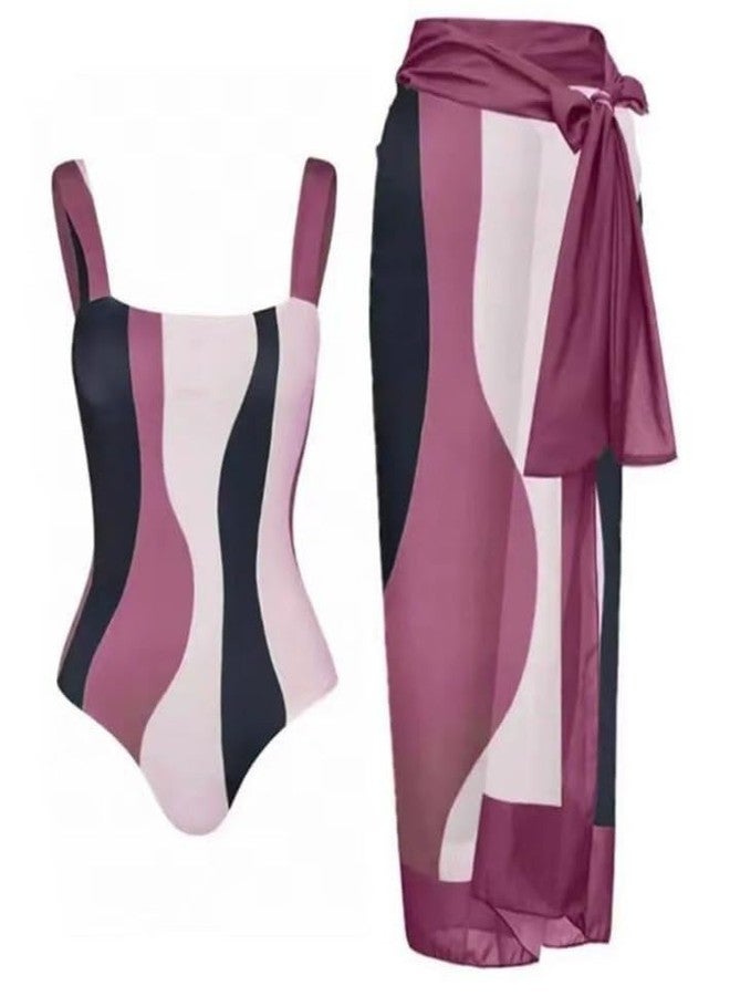 AARAM Stylish Premium Women's One Piece Swimsuit with Cover Ups Wrap Skirt Sarong Retro Floral Print Monokini Tummy Control Swimwear | Printed Swimming Costume for Women Beach Wear (M - Black Purple) - Image 1