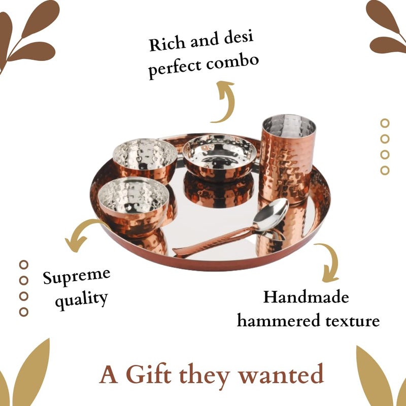 Silverglow Hammered Stainless Steel Copper Dinner Set of 6, Copper Dinner thali Set, Pure Copper bartan Set of 6 Pieces, Durable, Gift for Anniversary, Wedding, Diwali, Hotel thali Set - Image 3