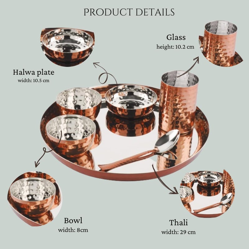Silverglow Hammered Stainless Steel Copper Dinner Set of 6, Copper Dinner thali Set, Pure Copper bartan Set of 6 Pieces, Durable, Gift for Anniversary, Wedding, Diwali, Hotel thali Set - Image 4