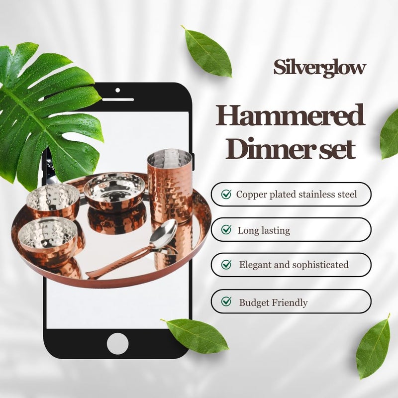 Silverglow Hammered Stainless Steel Copper Dinner Set of 6, Copper Dinner thali Set, Pure Copper bartan Set of 6 Pieces, Durable, Gift for Anniversary, Wedding, Diwali, Hotel thali Set - Image 2