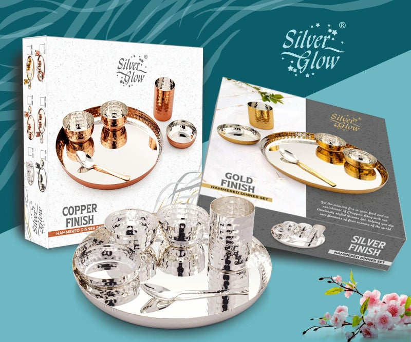 Silverglow Hammered Stainless Steel Copper Dinner Set of 6, Copper Dinner thali Set, Pure Copper bartan Set of 6 Pieces, Durable, Gift for Anniversary, Wedding, Diwali, Hotel thali Set - Image 5