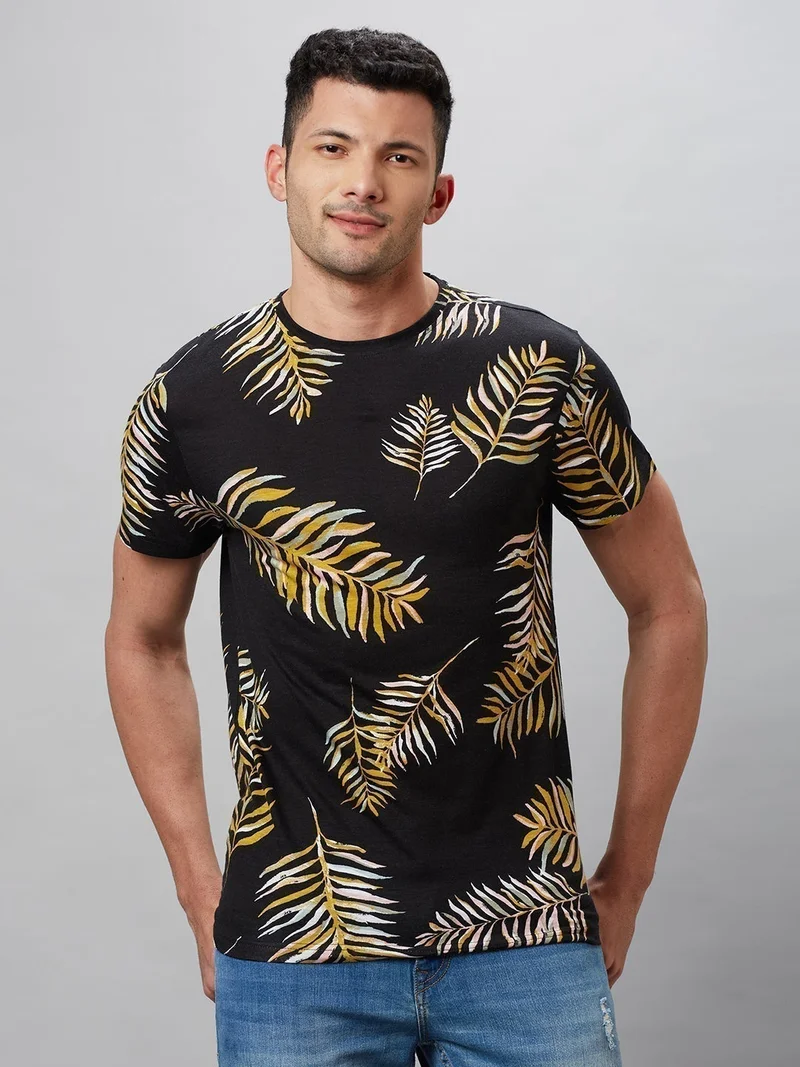 جلو باص تيشيرت رجالي أسود مطبوع بياقة دائرية قطن بقصة عادية