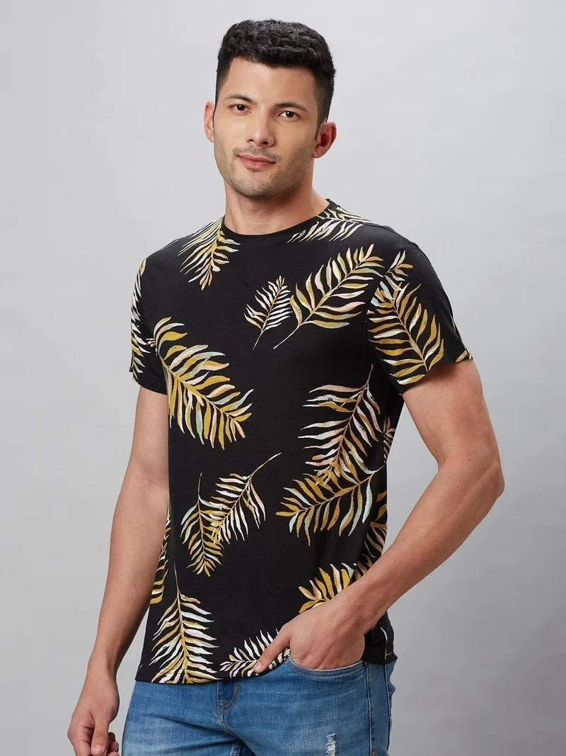 globus Globus Men Black Printed Cotton Round Neck Regular Fit T-shirt