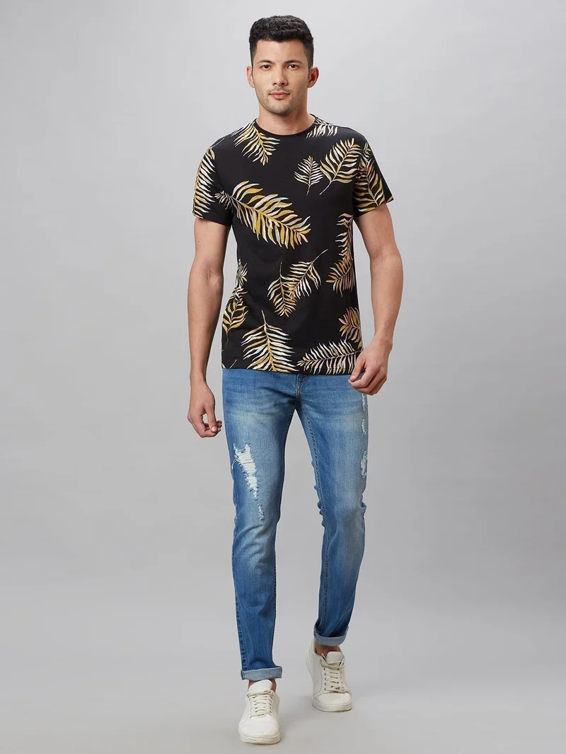 globus Globus Men Black Printed Cotton Round Neck Regular Fit T-shirt