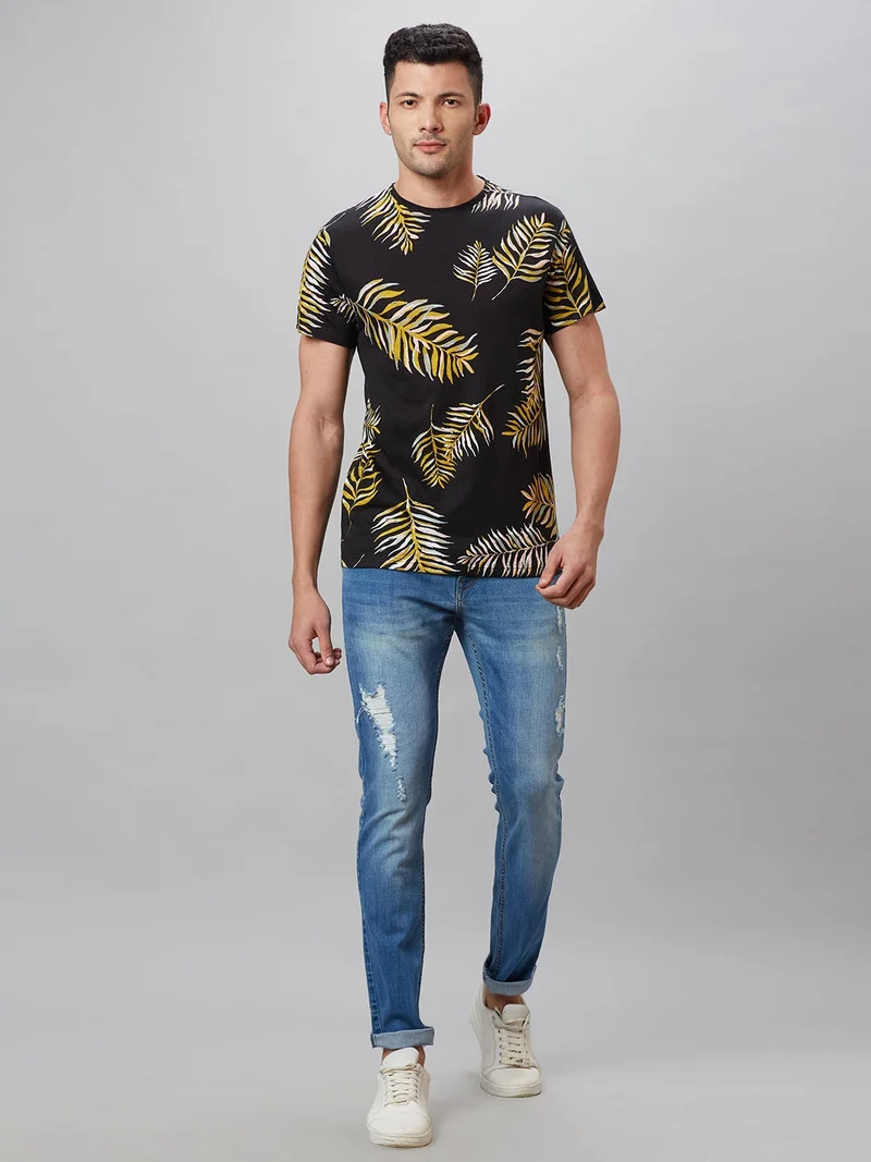 globus Globus Men Black Printed Cotton Round Neck Regular Fit T-shirt