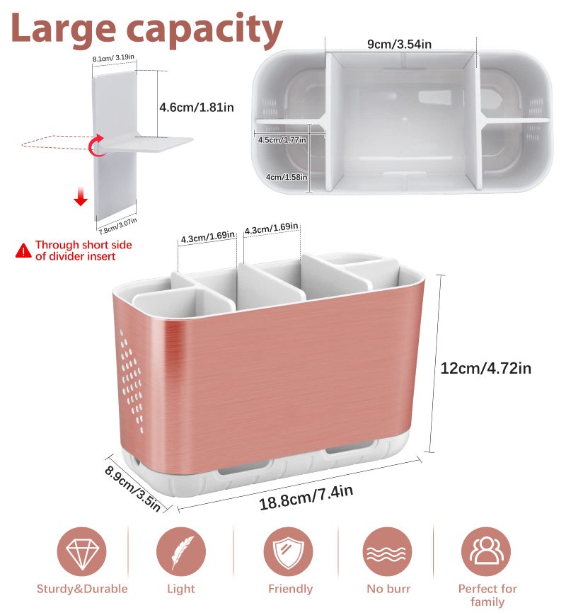 Boperzi Toothbrush Holders for Bathrooms Countertop, Electric Tooth Brush Holder with Adjustable Dividers, Detachable Anti-Slip Large Toothpaste Caddy Organizer Storage for Shower, Family, Kids, Pink - Image 5