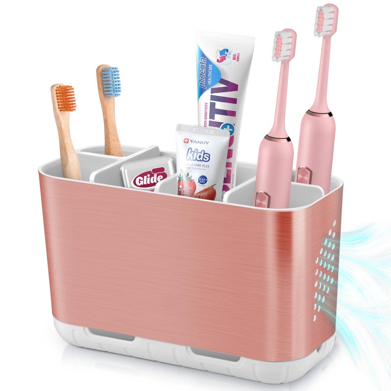 Boperzi Toothbrush Holders for Bathrooms Countertop, Electric Tooth Brush Holder with Adjustable Dividers, Detachable Anti-Slip Large Toothpaste Caddy Organizer Storage for Shower, Family, Kids, Pink - Image 1