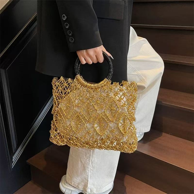 Fashionable Gold And Silver Square Straw Bag, New Niche Round Hand-Held Hollow Woven Bag, Seaside Vacation Beach Bag - Image 4