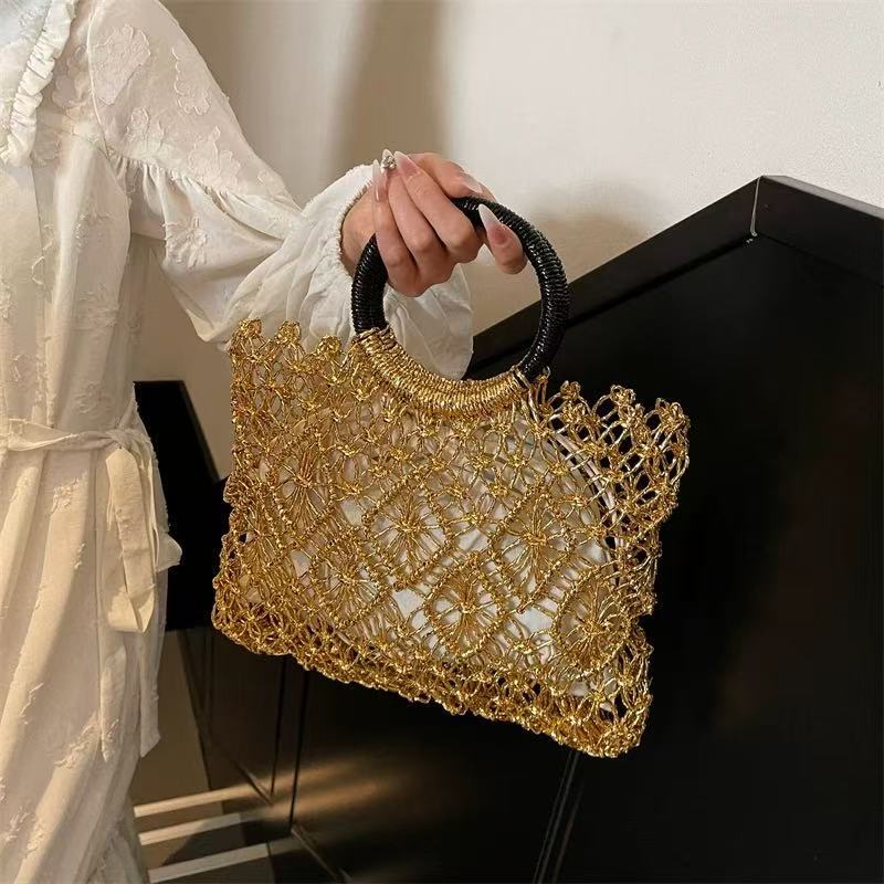 Fashionable Gold And Silver Square Straw Bag, New Niche Round Hand-Held Hollow Woven Bag, Seaside Vacation Beach Bag - Image 1