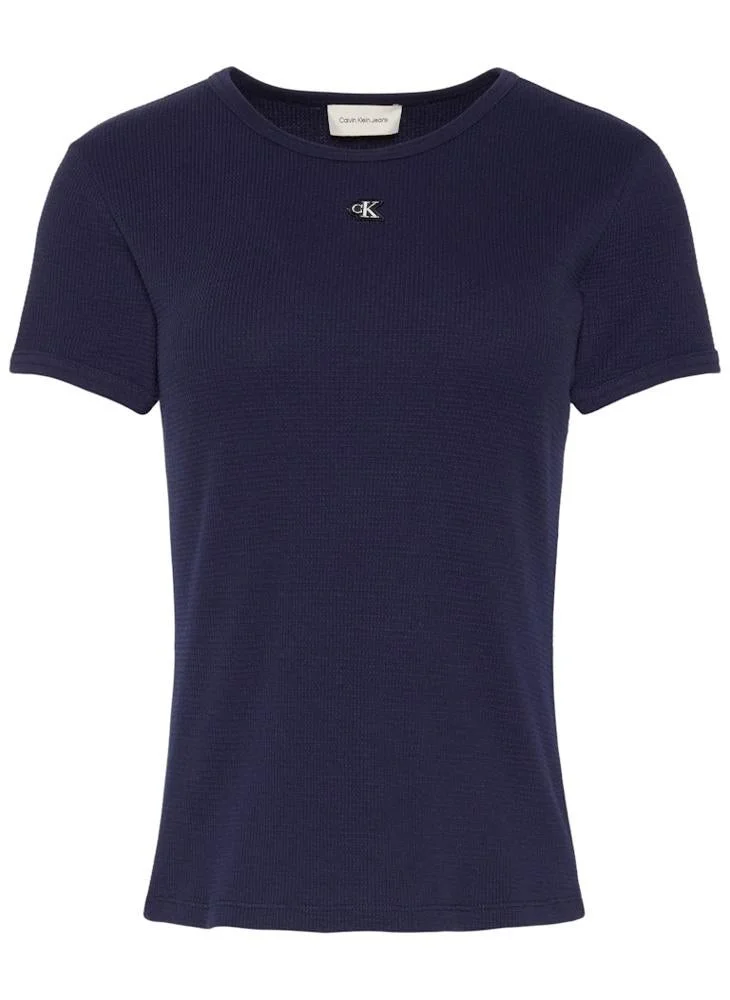 Calvin Klein Jeans Evening Blue Slim Waffle Knit Monogram T-Shirt for Women | Best Price UAE