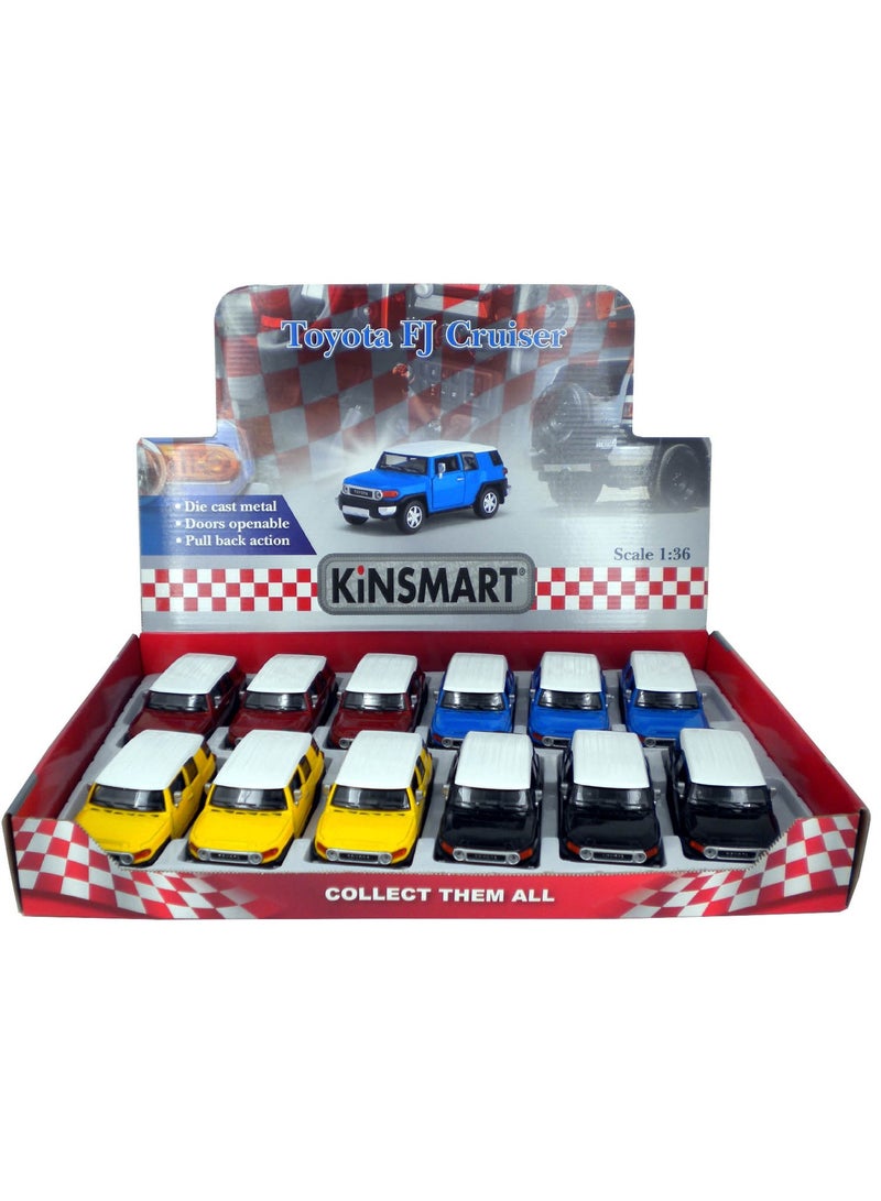 Kinsmart Pack of 12 Toyota FJ Cruiser 1/36 Scale Die Cast Metal Doors Openable Pull Back Action Toy Car-Assorted Colours