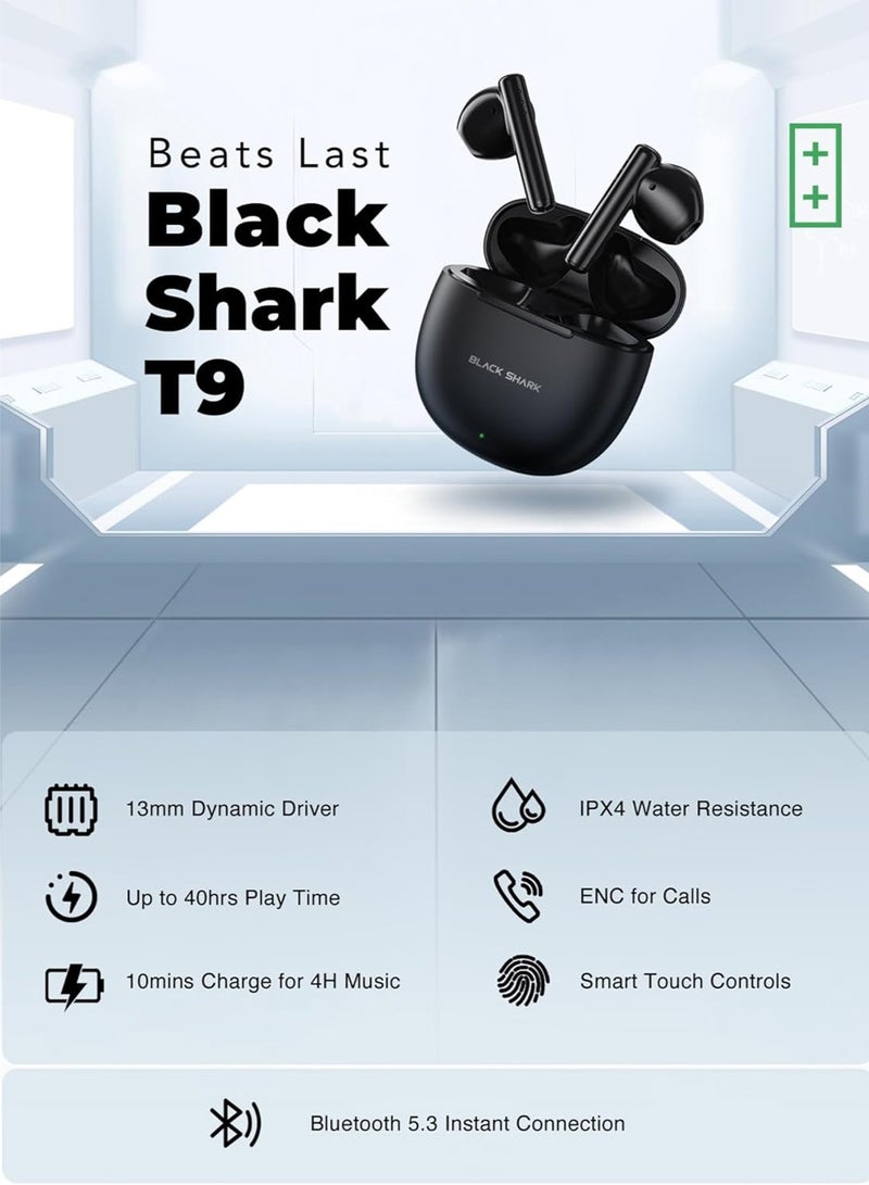 BLACK SHARK سماعة أذن بلوتوث لاسلكية بلاك شارك T9، تصميم خفيف الوزن، اتصال بلوتوث 5.3، وضع الألعاب منخفض الكمون، إلغاء الضوضاء النشط، عمر بطارية 40 ساعة ومقاومة للماء IPX4 - أخضر - Image 2