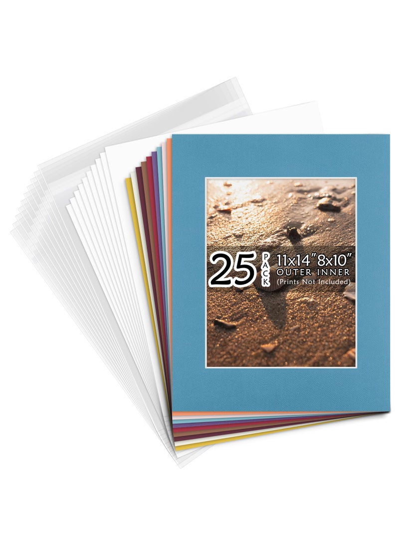 Golden State Art Golden State Art Pack of 25 11X14 Various Colors Picture Mats Mattes With White Core Bevel Cut For 8X10 Photo  Backing  Bags 