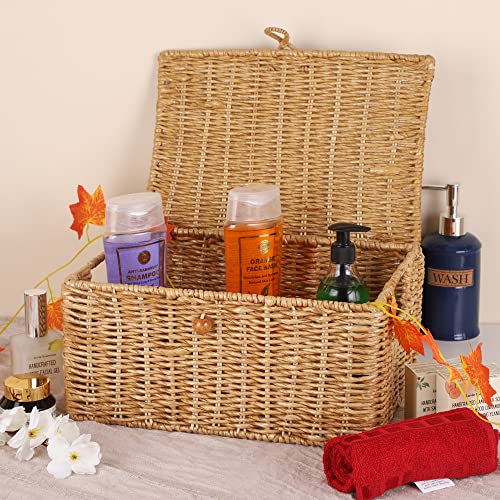 AKWAY Wicker Water Hyacinth Kauna grass Seagrass Storage Basket with Lids Rectangular Handwoven Wicker Organizer Baskets Desktop Storage Box Rattan Container Desk Basket Bins for Bathroom Office - Image 2