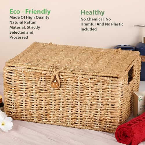 AKWAY Wicker Water Hyacinth Kauna grass Seagrass Storage Basket with Lids Rectangular Handwoven Wicker Organizer Baskets Desktop Storage Box Rattan Container Desk Basket Bins for Bathroom Office - Image 3