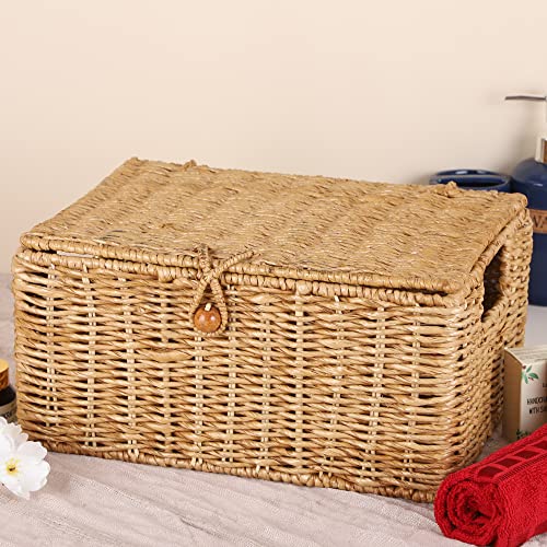 AKWAY Wicker Water Hyacinth Kauna grass Seagrass Storage Basket with Lids Rectangular Handwoven Wicker Organizer Baskets Desktop Storage Box Rattan Container Desk Basket Bins for Bathroom Office - Image 1