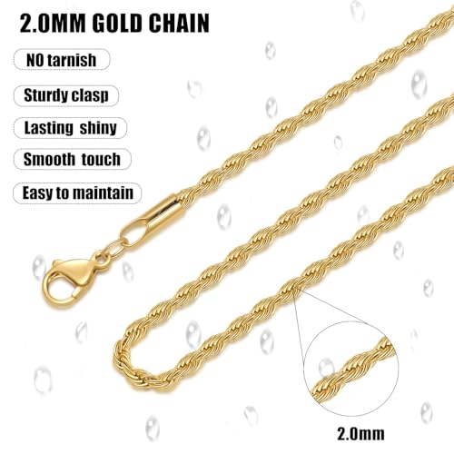 Fiusem 18K Gold Plated Necklace for Men, 2mm Mens Chain Necklace, 18K Gold Plated Stainless Steel Rope Chain 26 Inch - Image 4