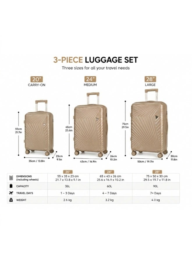 VELMORE 3 Piece Polypropylene Hard Side Luggage Set - Lightweight Spinner Suitcases with 360° Wheels | Durable Trolley Bags for Secure Travel (Small, Medium, Large) - Khakhi - Image 2