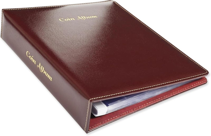 FIS Coin Album - Burgundy Bonded Leather with 4[D] Ring Binder and 35 Clear PVC Pockets - Image 1
