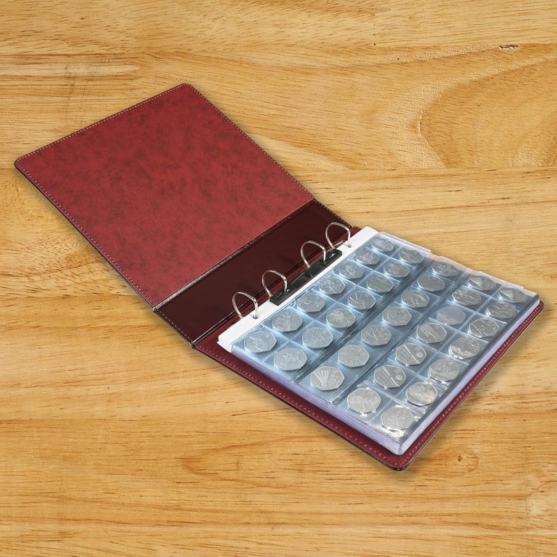 FIS Coin Album - Burgundy Bonded Leather with 4[D] Ring Binder and 35 Clear PVC Pockets - Image 3