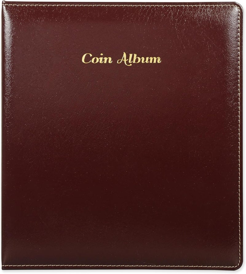FIS Coin Album - Burgundy Bonded Leather with 4[D] Ring Binder and 35 Clear PVC Pockets - Image 2