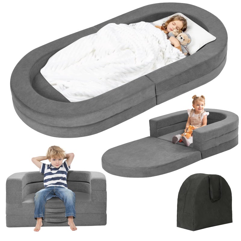 Tykacna Travel Toddler Bed, 3-in-1 Portable Foldable Toddler Chair,Soft Foam Floor Bed Lounger with Washable Cover,Grey - Image 1