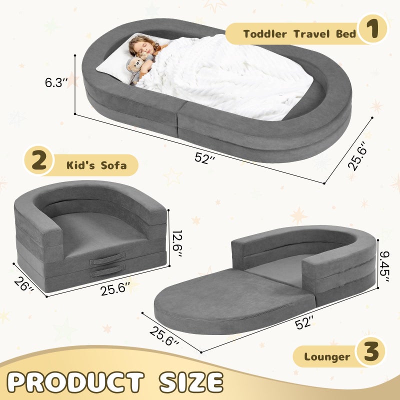 Tykacna Travel Toddler Bed, 3-in-1 Portable Foldable Toddler Chair,Soft Foam Floor Bed Lounger with Washable Cover,Grey - Image 2