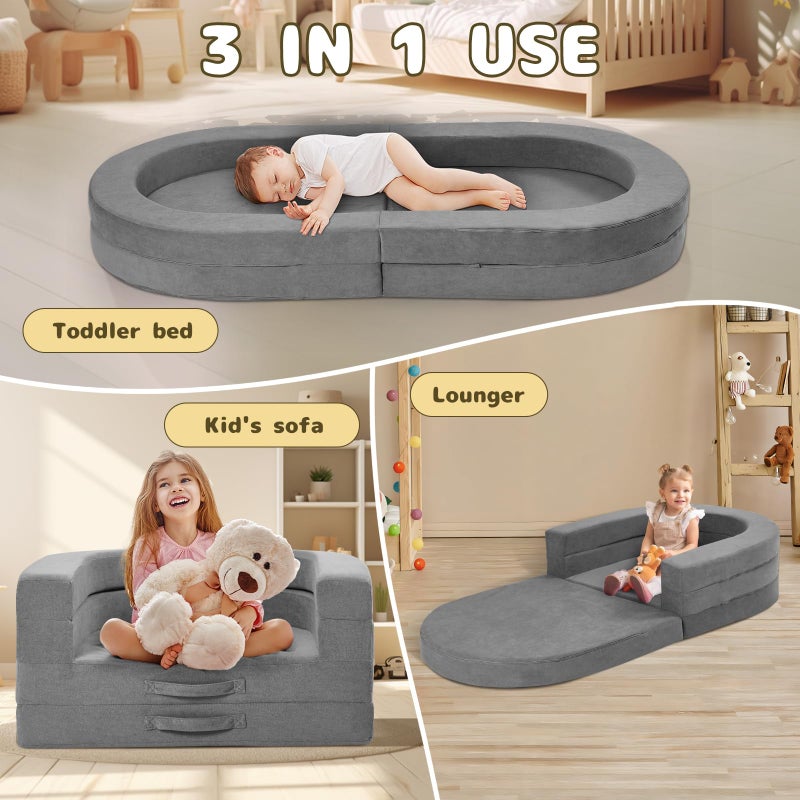 Tykacna Travel Toddler Bed, 3-in-1 Portable Foldable Toddler Chair,Soft Foam Floor Bed Lounger with Washable Cover,Grey - Image 3