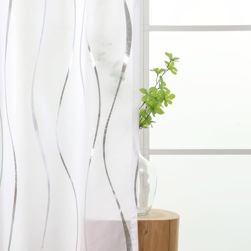 L.Z.E White Privacy Curtains 84 Inches Long 2 Panels Set, Light Filtering Non-See-Through Curtains & Drapes for Living Room Bedroom Nursery, Modern Silver Wave Pattern Grommet Top Window Treatment - Image 2