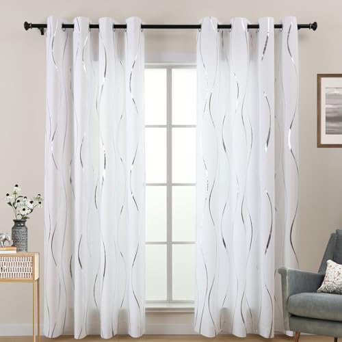 L.Z.E White Privacy Curtains 84 Inches Long 2 Panels Set, Light Filtering Non-See-Through Curtains & Drapes for Living Room Bedroom Nursery, Modern Silver Wave Pattern Grommet Top Window Treatment - Image 1