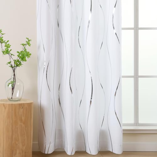 L.Z.E White Privacy Curtains 84 Inches Long 2 Panels Set, Light Filtering Non-See-Through Curtains & Drapes for Living Room Bedroom Nursery, Modern Silver Wave Pattern Grommet Top Window Treatment - Image 5